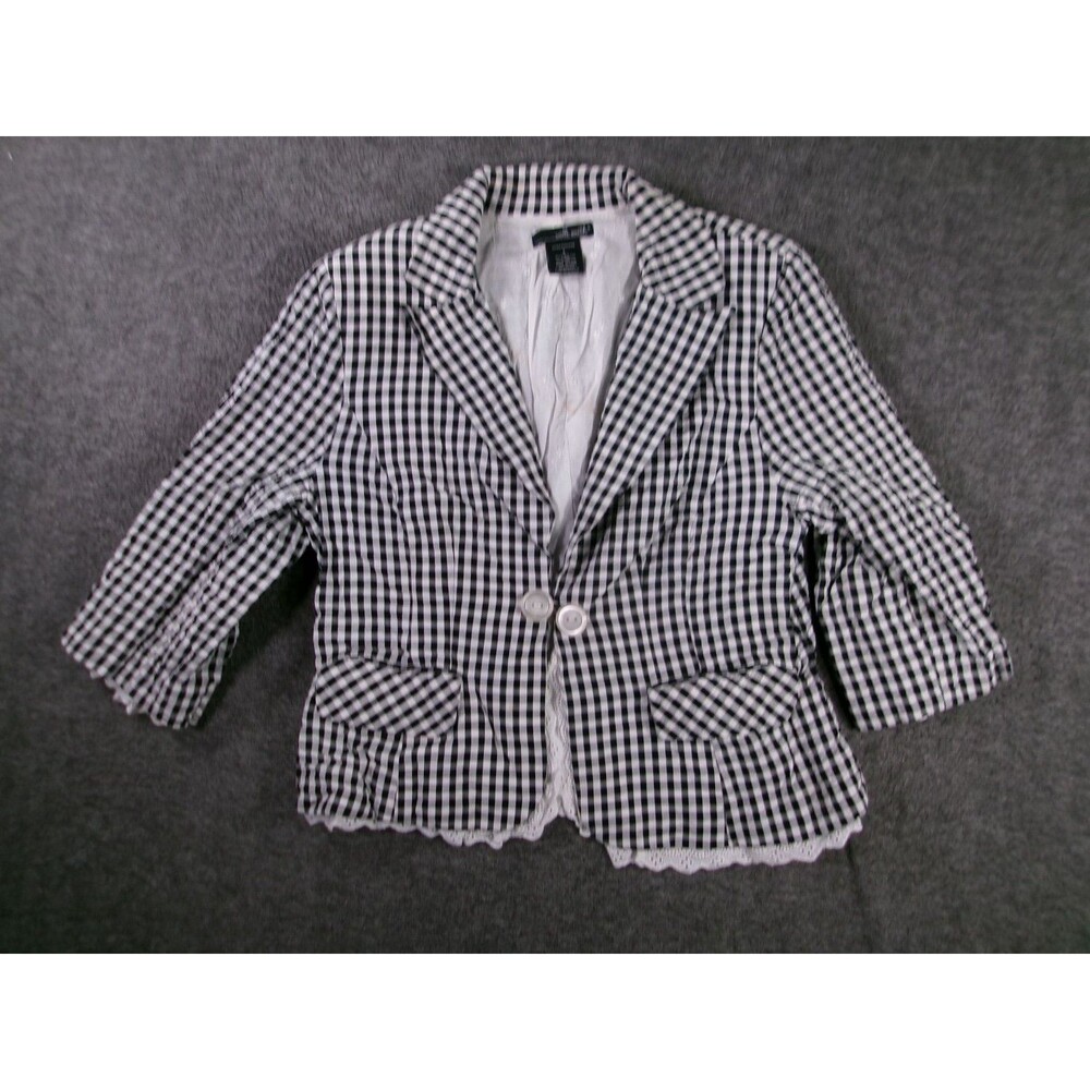 Willi Smith Blazer Womens L Black White Gingham Lace Trim 3/4 Sleeve Button